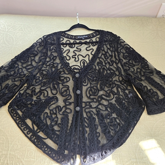 Pretty Angel Silk Blend Lacey Cardigan Coverlet Rhinestone Buttons sz M Elegant - Picture 1 of 11